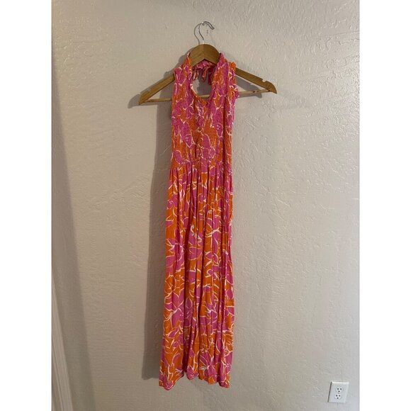 Japna Dresses & Skirts - Y Japna Rayon Orange & Pink Beachy Crinkle Floral Print Feminine Spring Dress